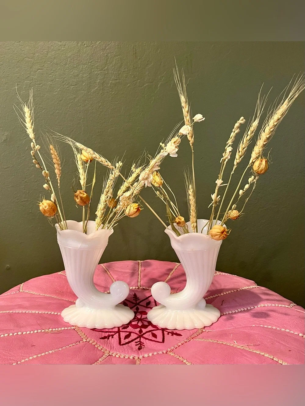 Vintage MCM White Milk Glass Cornucopia Vases - Pair of 2